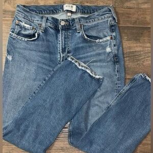 Agolde Medium Blue Distressed High-Rise Straight Leg Jeans